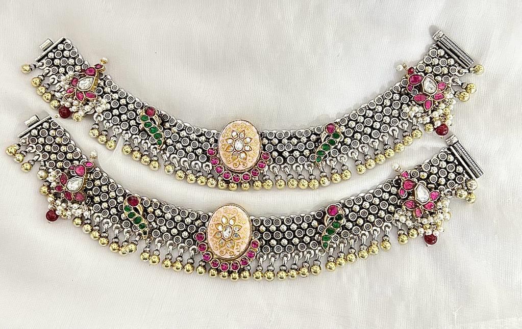 jadau stone silver payal